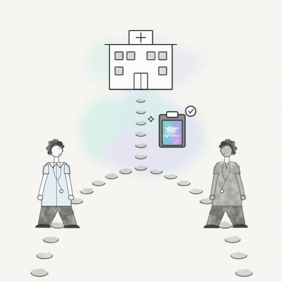 Illustration of two doctors on the path to a UK hospital
